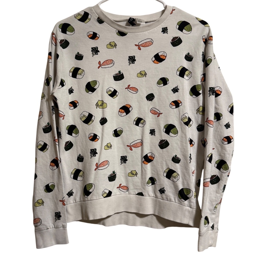 HM Divided Womens‎ White Sushi Print Long Sleeve Cotton Sweatshirt S